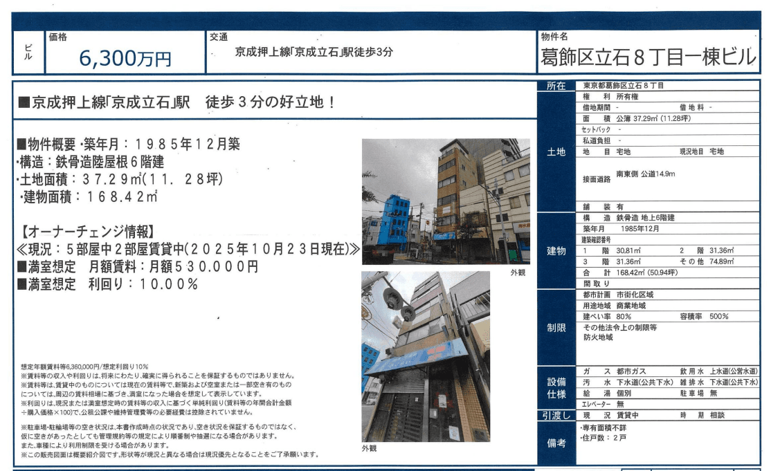 [事例01] 6,300万円・表面利回り10% 葛飾区 京成立石駅徒歩3分 RC一棟収益物件